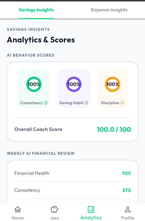 SaveJar Analytics Savings Insights Screenshot