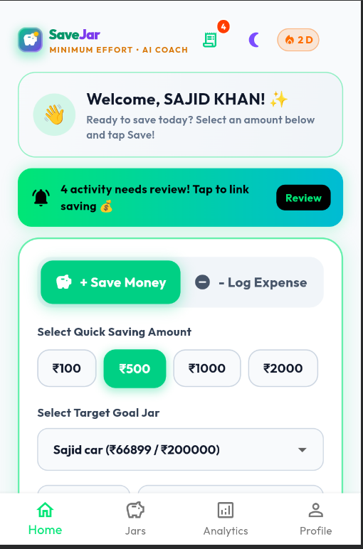 SaveJar App Home Screen